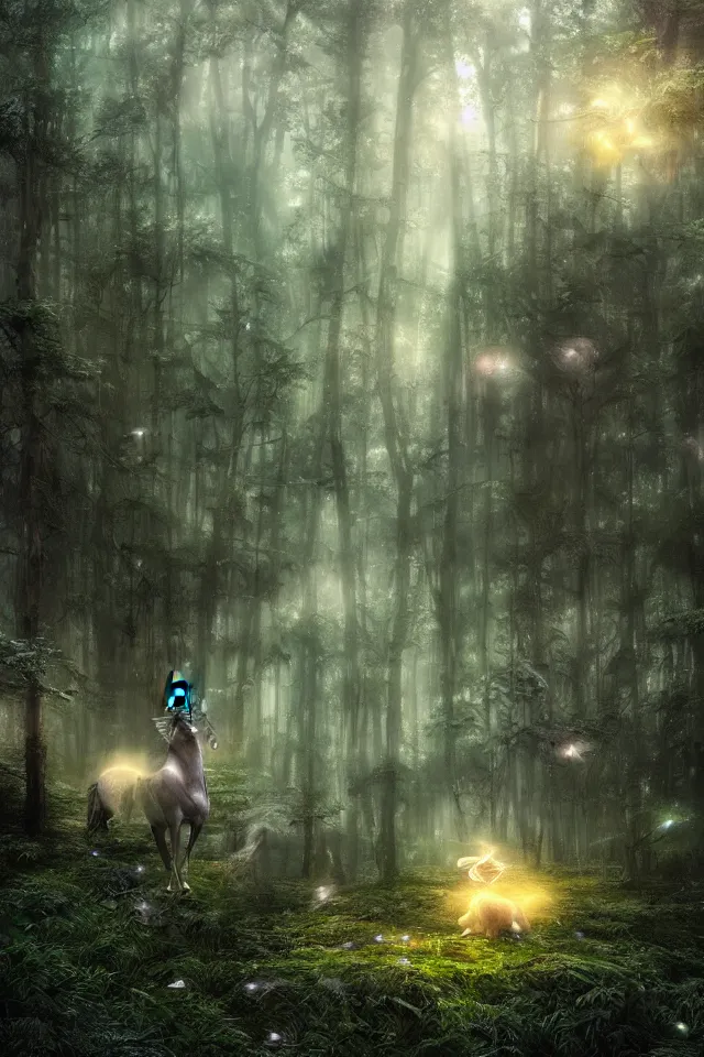 Prompt: there is a silver unicorn in the forest, fireflies flying in the forest, dreamy crystal atmosphere ， super wide angle ， matte painting ， rtx on ， trending on cgsociety and artstation, volumetric light ， surreal