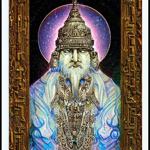 Image similar to white crystal statue carving of a supreme court judge, religious imagery, islamic pattern art, fractals, galaxy, impressionism painting, john blanche, muted colors, tarot card