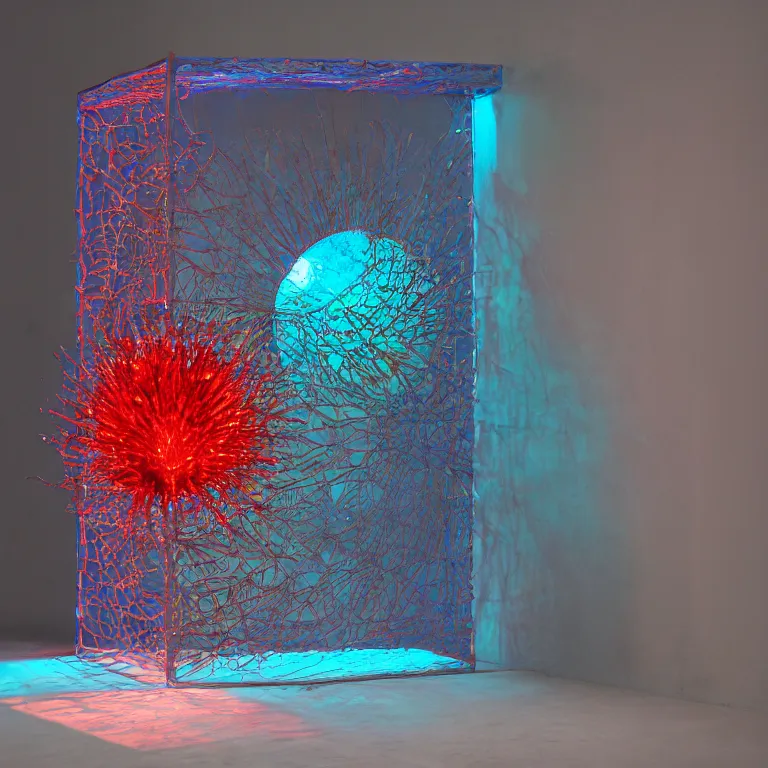 Image similar to hyperrealistic sculpture of a bronze ancient fossilized sea urchin mirror doorway with opalescent blue and iridescent red spraypaint in a plywood grid cage on a pedestal by ron mueck and duane hanson and lee bontecou, hyperrealistic dramatic colored lighting trending on artstation 8 k