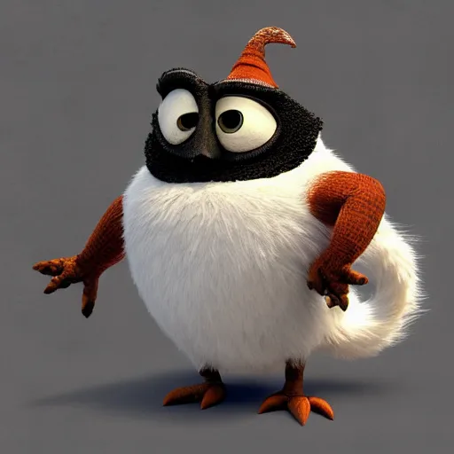 Image similar to anthropomorphic cute bird character wearing a knitted sweater, Disney Pixar, in the style of ‘how to train your dragon’, ‘kung fu panda’ ‘zootopia’ ‘wreck it Ralph’ ‘luca’ etc, high detail, detailed feathers and fur, 3d render