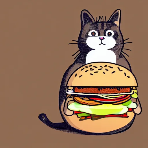 Image similar to cute fat cat eating a burger, digital art,concept art,no noise