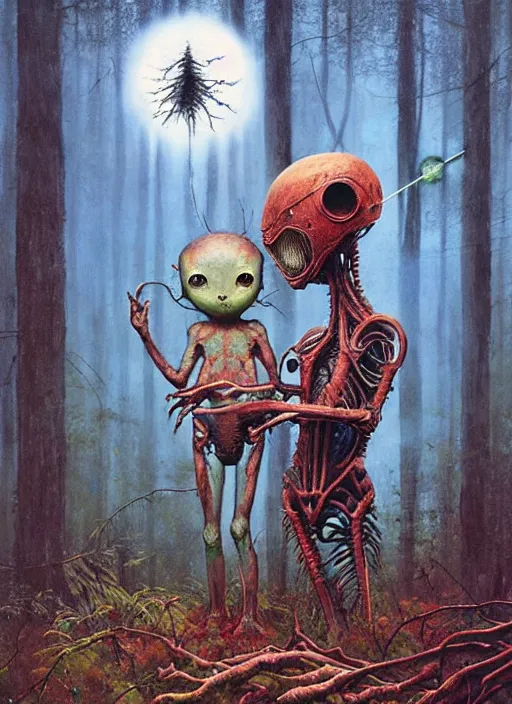 Image similar to cuddly friendly alien in the woods by a river gorgeous lighting, lush forest foliage blue sky a hyper realistic painting by chiara bautista and beksinski and norman rockwell and greg rutkowski, weta studio, and lucasfilm