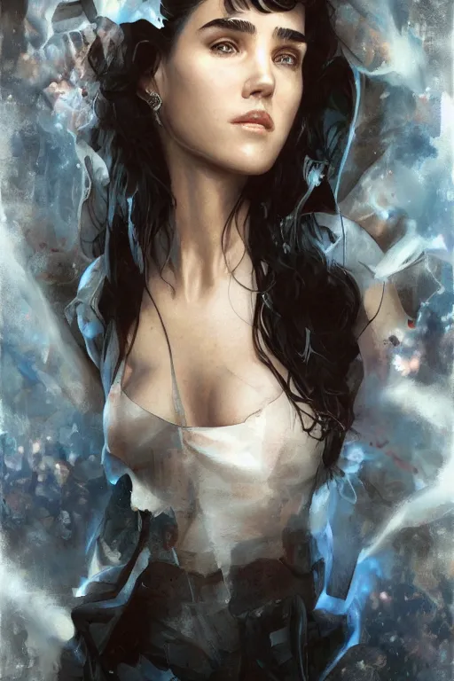 Prompt: portrait of Jennifer Connelly by artgerm and Craig Mullins, James Jean, Andrey Ryabovichev, Mark Simonetti and Peter Morbacher 16k