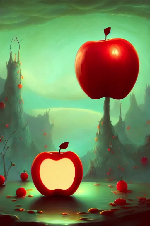 Prompt: a surreal Bioluminescent, very very very cute Red apple in a happy world by Daniel Merriam, Trending on Artstation, oil on Canvas by Elena Zhurikhina and Goro Fujita and Charlie Bowater, octane render, 4k, 8k, HD