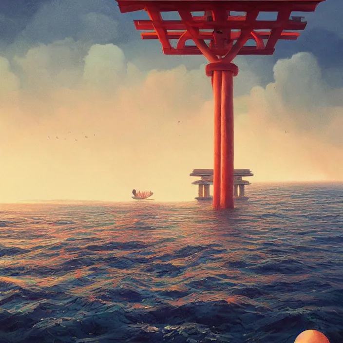 Prompt: a beautiful painting of a torii at sea by simon stalenhag and zdzisław beksinsk and greg rutkowski, in style of digital art. hyper detailed, sharp focus, soft light. octane render. ray tracing. trending on artstation