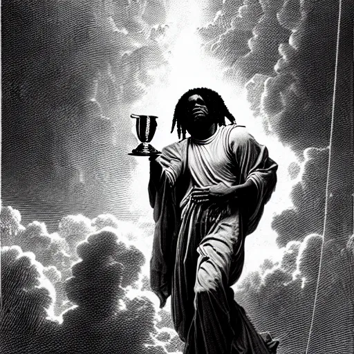 Prompt: chief keef ascending into heaven holding cup of lean and blunt, biblical image, style of gustave dore, highly detailed, beautiful, high contrast, black and white