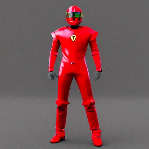 Image similar to Tokusatsu character based on Ferrari, red mechanical skinny body, chest plate with Ferrari logo, stylized motorcycle helmet, full body, unreal engine, 3D model