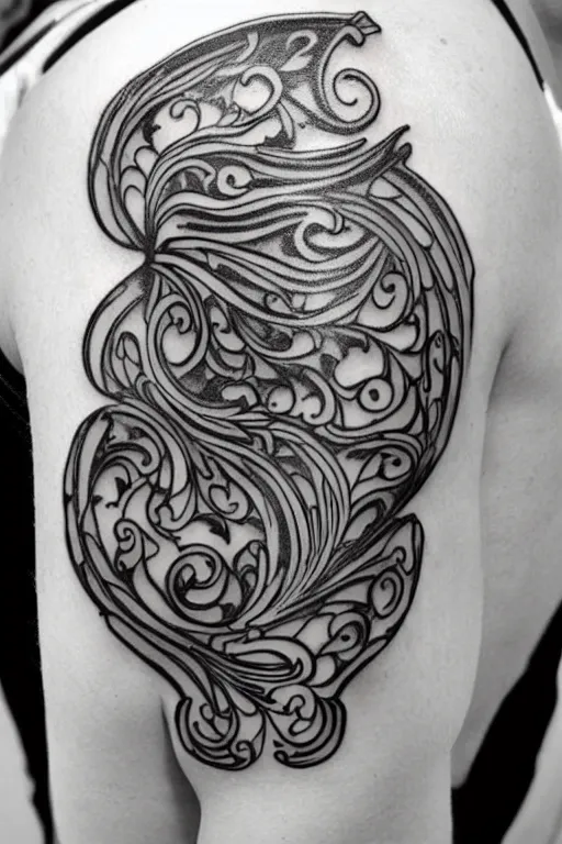 Prompt: mirrored delicate art nouveau shoulder tattoo, intricate detail, clean lines