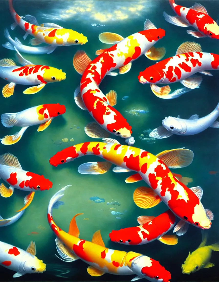 Prompt: koi fishes swimming in the sky and under the sea, ambrosius benson, oil on canvas, paul lehr, hyperrealism, around the edges there are no objects