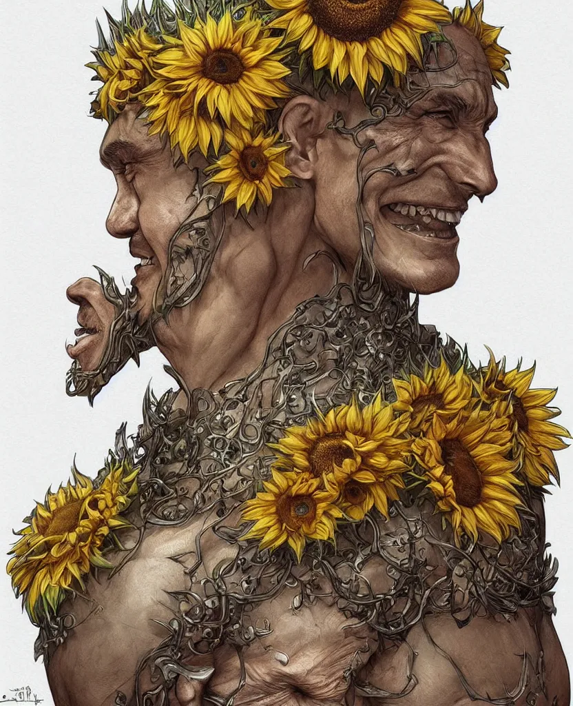 Image similar to digital art, centered full body of Putin smiling king, Sunflower crown, ,intricate, veins, by James Jean and by artgerm , by ross tran ultradetailed, charachter design, concept art, trending on artstation,