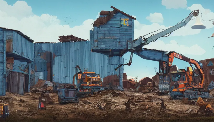 Prompt: a bulldozer accidently knocking over a chicken coop in the style of goodnight goodnight construction site, matte painting, art station, blue sky, simon stalenhag