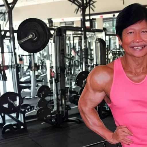 Image similar to bongbong marcos as gigachad flexing at the gym, muscular, on steroids,