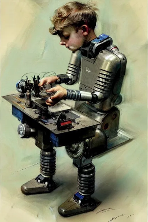 Image similar to (((((1950s a boy working on his robot . muted colors.))))) by Jean-Baptiste Monge !!!!!!!!!!!!!!!!!!!!!!!!!!!