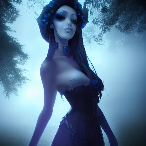 Prompt: Captivating solemnly, PANDORA, New Tales of the Vampires character, portrait, Highgate cemetery, fog, volumetric lighting, beautiful, blueish moonlight, sharp focus, ultra detailed, cgsociety