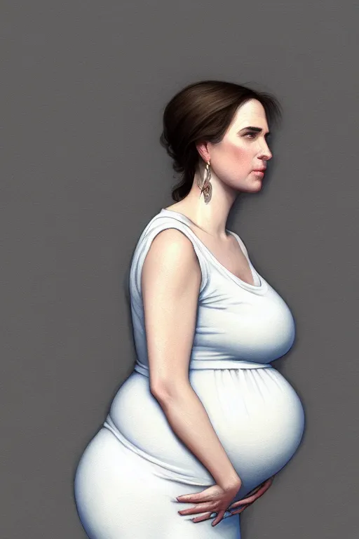 Image similar to very pregnant adam schiff in a thin white dress, realistic portrait, symmetrical, highly detailed, digital painting, artstation, concept art, smooth, sharp focus, illustration, cinematic lighting, art by artgerm and greg rutkowski and alphonse mucha