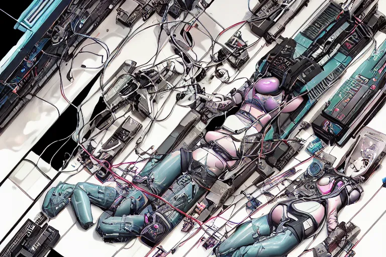 Prompt: a cyberpunk illustration of a group of three coherent female androids in style of masamune shirow, lying on an empty, white floor with their bodies broken scattered rotated in different directions and cables and wires coming out, by yukito kishiro and katsuhiro otomo, hyper-detailed, intricate, view from above