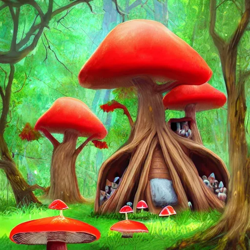 Image similar to a gnome treehouse surrounded by trees and red mushrooms with a deer digital art