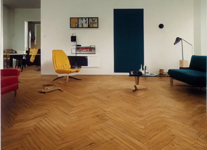 Image similar to 3 5 mm photogaphy of a living room with parquet floor by memphis group