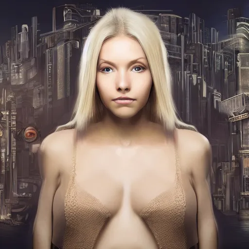 Image similar to panorama of a pretty blond seraphim in a machine city, perfect symmetrical face, cute face, 8 k, shallow depth of field, 8 k, ultra high detail, concept art, w 1 0 2 4