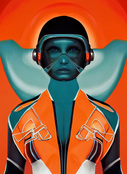 Prompt: symmetry closeup portrait of a racer girl cyborg jumpsuit in clouds cinematic light windy teal orange by gerald brom by mikhail vr