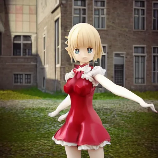 Image similar to Manga cover portrait of an extremely cute and adorable beautiful Flandre Scarlet posing for the camera in Bruges, 3d render diorama by Hayao Miyazaki, official Studio Ghibli still, color graflex macro photograph, Pixiv, DAZ Studio 3D