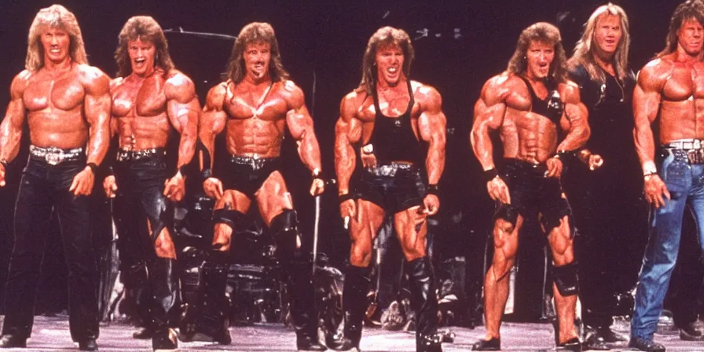 Image similar to photo off arnold schwarzenegger, sylvester stallone, dolph_lundgren, Chuck Norris and Jean-Claude Van Damme in a heavy metal band on stage 1985