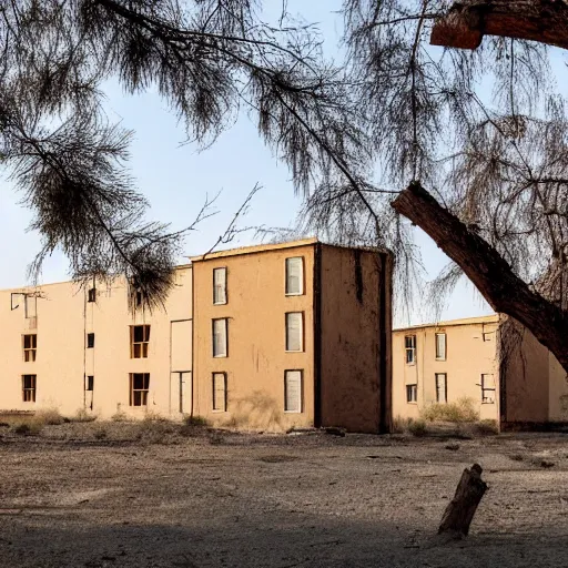 Prompt: A soviet-era residential block standing in the middle of an empty desert, sunny weather