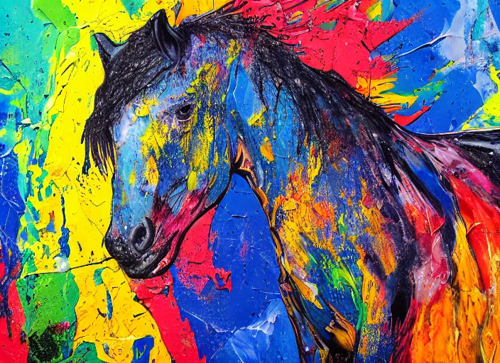 Prompt: abstract expressionist mid shot portrait of a horse made of very thick impasto paint and acrylic pour and coloured powder explosion and splashing paint and dripping paint and flying paint chunks, eyes closed or not visible, expressing strong emotions, motion blur, hyperrealistic, intricate art photography, anatomically correct, realistic crisp textures, 1 6 k