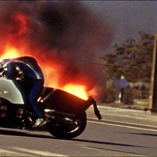 Prompt: film still from 'Displaced Future' (1997). Exciting future action scene of a motorcycle and explosions. Sigma 85mm f/8