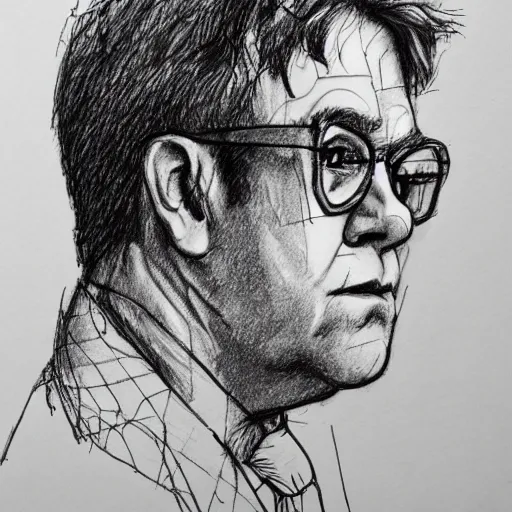 Image similar to a realistic yet scraggly portrait sketch of the side profile of a stern and sophisticated elton john, trending on artstation, intricate details, in the style of frank auerbach, in the style of sergio aragones, in the style of martin ansin, in the style of david aja, in the style of mattias adolfsson