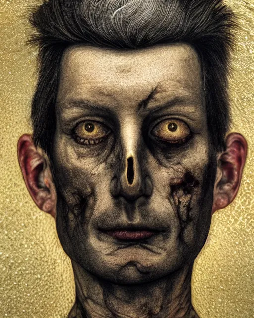 Prompt: realistic portrait of a dead man, dark art, gold, silver ornaments, tarot card, facing camera, photo realistic, detailed, 1 4 5 0, delicate, hyper realism, ultra realistic, 8 k