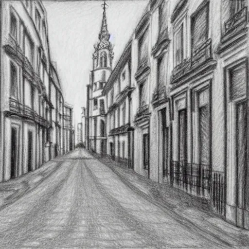 Image similar to ultrarealistic pencil drawing by Isabel Quintanilla, of a quiet street in Madrid, 1984