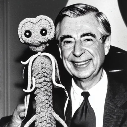 Prompt: mr. rogers proudly displaying a smaller mr. rogers made of octopus, color 1 9 7 0 s photo