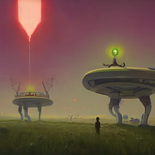 Image similar to alien invasion, simon stalenhag, high detail, concept art,