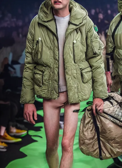 Image similar to hyperrealistic and heavy detailed Moncler runway show of rick and morty , Leica SL2 50mm, vivid color, high quality, high textured, real life