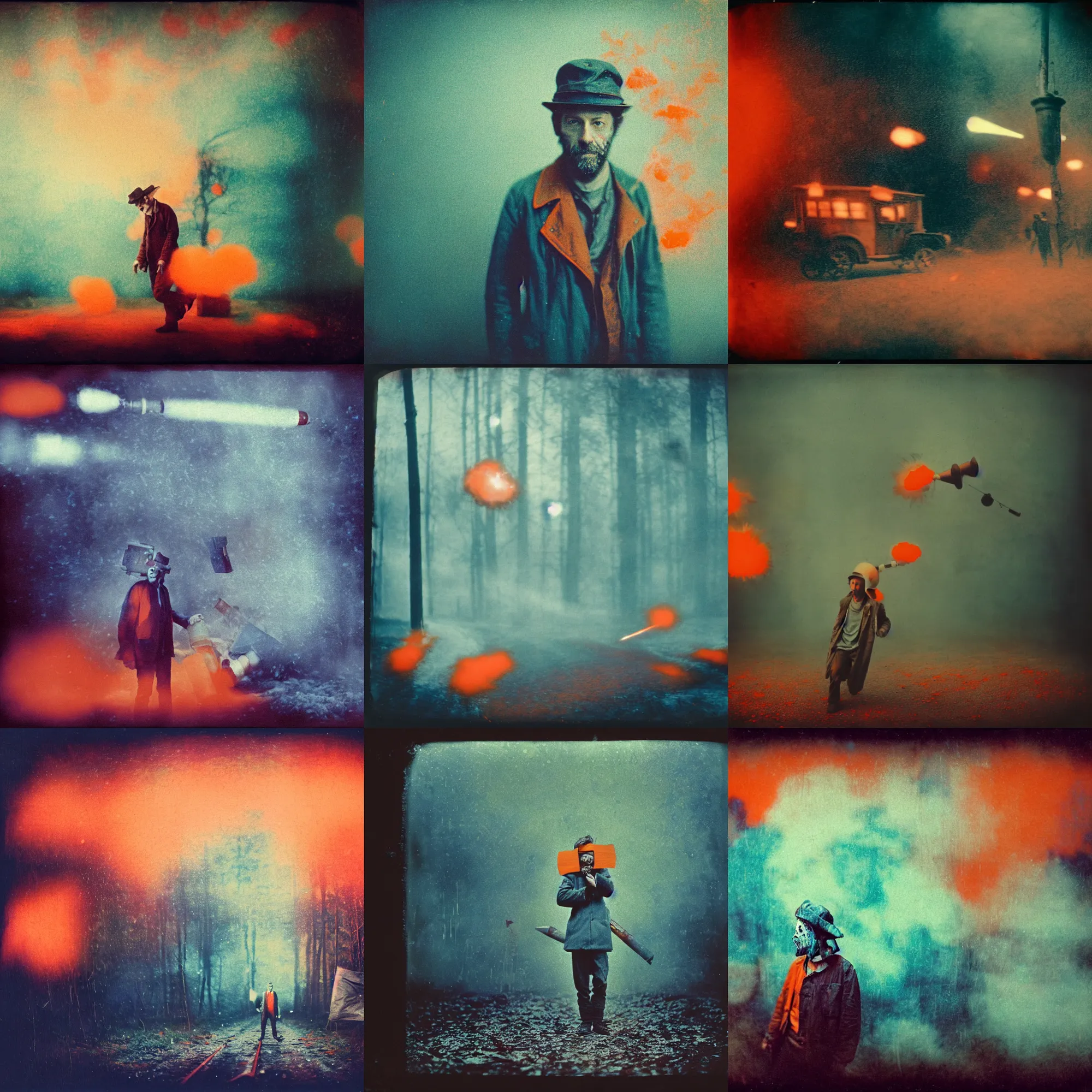 Prompt: kodak portra 4 0 0, wetplate, muted colours, blueberry and orange and teal, the walking dead, 1 9 1 0 s style, motion blur, portrait photo of a backdrop, explosions, rockets, bombs, sparkling, snow, fog, by georges melies and by britt marling