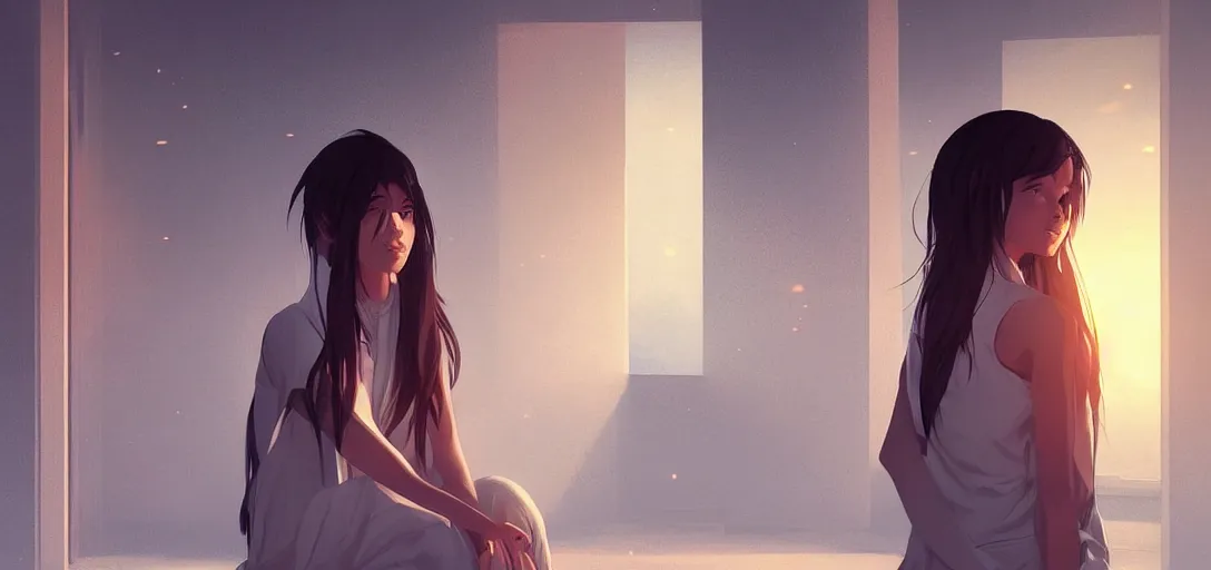 Image similar to Young Himalayan woman waiting by a door | night time scene, plain walls | white eyes, long messy hair | somber lighting, futuristic, dim lighting, digital art by Makoto Shinkai ilya kuvshinov and Wojtek Fus, digital art, concept art,