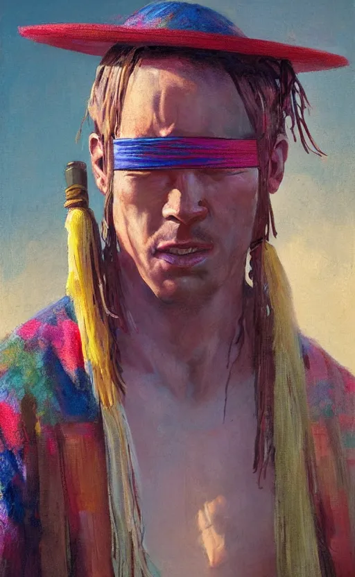 Prompt: portrait of a man wearing a blindfold, rainbow colored robes, large straw hat with tassels hanging from it, fantasy, highly detailed, cinematic lighting, digital art painting by greg rutkowski