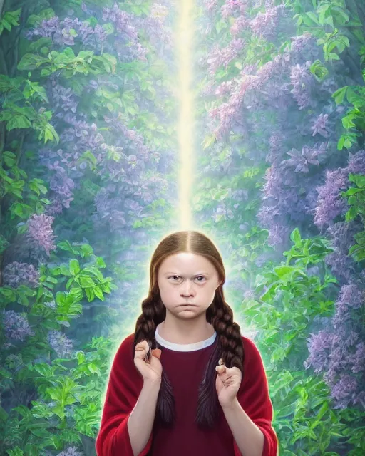 Prompt: highly detailed picture of greta thunberg, orthodox saint, anxious, piercing eyes, ornate background of leaves and flowers, by hsiao - ron cheng and john james audubon and miho hirano, moody lighting, 8 k, hd, 8 k