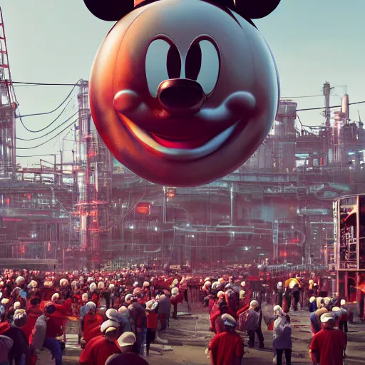 Image similar to a giant mickey mouse head, factory floor, surrounded by factory workers, octane render, cgstation, 3 d render, very detailed, mindblowing, blood and guts, gritty, cyberpunk, cinematic lighting, hyper realism