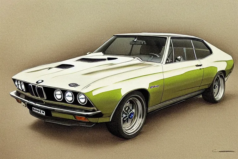 Prompt: intricate, 3 d, 1 9 6 7 bmw m 1 chevelle, style by caspar david friedrich and wayne barlowe and ted nasmith.