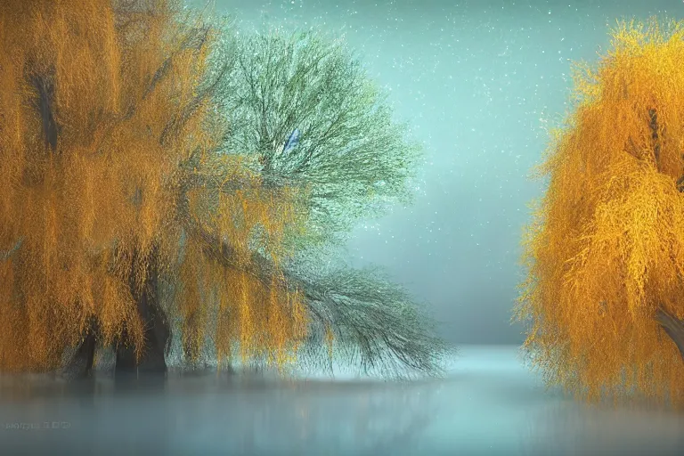 Image similar to a magical weeping willow tree in a mystical atmosphere during autumn and blessed by fae, on a frozen river with orange and yellow leaves and aurora borealis by denis forkas and alan lee, rendered in mandlbulb3d