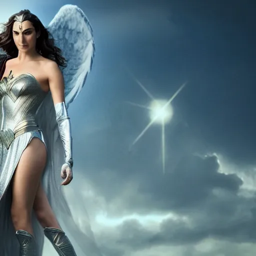 Prompt: Full body photo of the beautiful woman Gal Gadot as an angel, she is coming down from the clouds, she has a crown, there is a glow coming from her, she is getting ulluminated from the sky, the photo was taking by Annie Leibovitz, matte painting, oil painting, naturalism, 4k, 8k