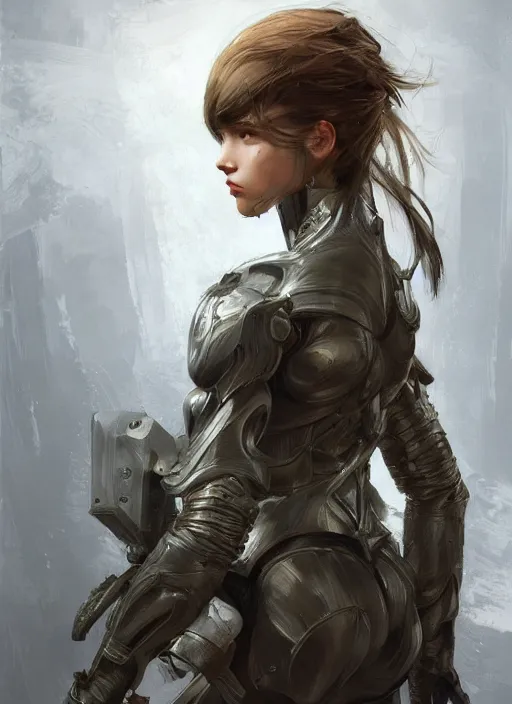 Image similar to a professional painting of a beautiful young female, clothed in military armor, olive skin, long dark hair, beautiful bone structure, symmetrical facial features, intricate, elegant, digital painting, concept art, smooth, sharp focus, illustration, from Metal Gear, by Ruan Jia and Mandy Jurgens and Artgerm and William-Adolphe Bouguerea