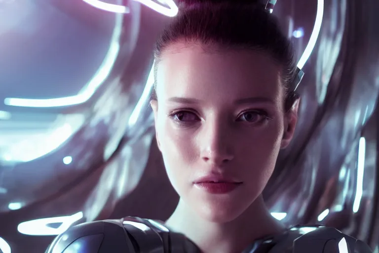 Image similar to VFX movie of a futuristic cyborg spacewoman gorgeous closeup portrait in high tech spaceship, beautiful natural skin neon lighting by Emmanuel Lubezki