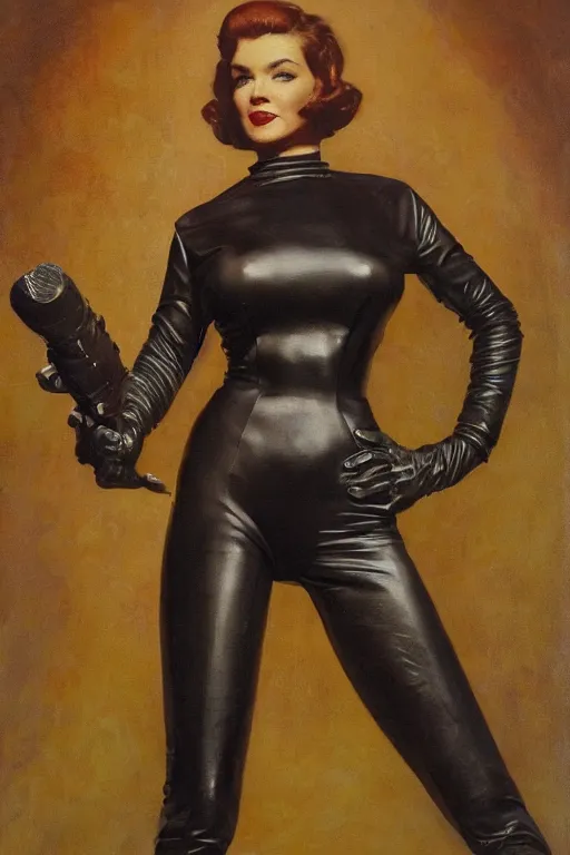 Image similar to 5 0 s pulp scifi fantasy illustration portrait striking elegant mature woman in leather spacesuit by norman rockwell, roberto ferri, daniel gerhartz, edd cartier, jack kirby, howard v brown, ruan jia, tom lovell, frank r paul, jacob collins, dean cornwell, astounding stories, amazing, fantasy, other worlds