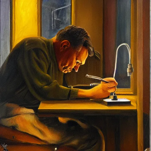 Prompt: viktor orban soldering in a cubicle, oil painting