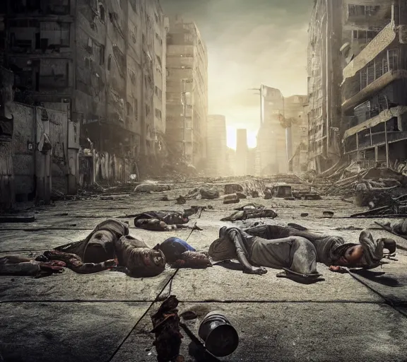 Image similar to a cement pavement with many people laying dead in an urban apocalyptic setting, photograph, HD, cinematic