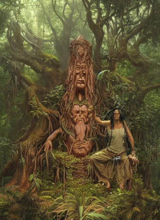 Image similar to a shaman sitting in the jungle, with giant face of an ancestor in a tree behind him, hyper detailed, art by christophe vacher