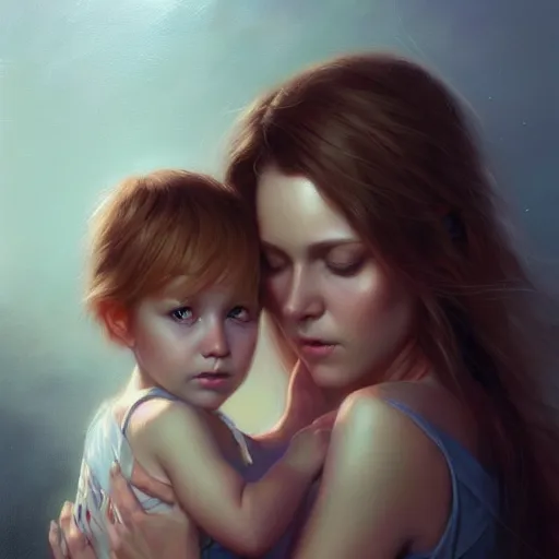 Image similar to love is patient love is kind, mother and child ; photorealistic oil painting by charlie bowater and mark blooms ; highly detailed cute faces by wlop ; trending on artstation